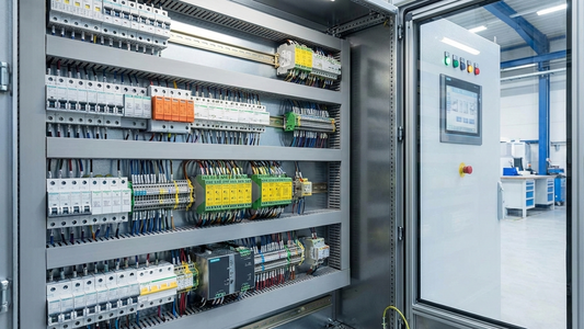 An open industrial control panel displaying DIN-rail mounted circuit protection devices, including circuit breakers and terminal blocks, alongside wiring and PLC components.