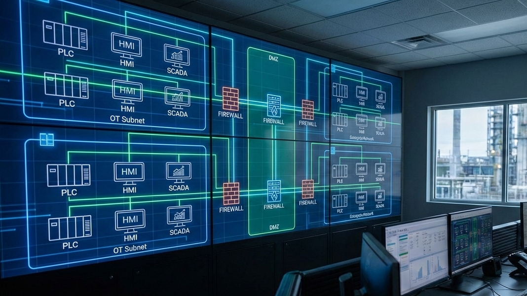 A large monitor in an industrial control room displays a diagram of a secure OT network architecture, featuring segmented PLCs, HMIs, and SCADA systems connected through firewalls and a DMZ.