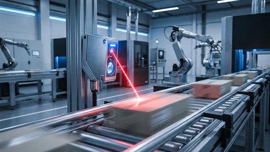 A rectangular sensor with a red laser beam points down at a cardboard box on a conveyor belt in a factory with robotic arms.