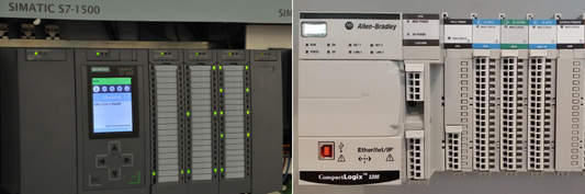 Side-by-side hardware comparison of Siemens SIMATIC S7-1500 and Allen-Bradley CompactLogix 5380 PLCs