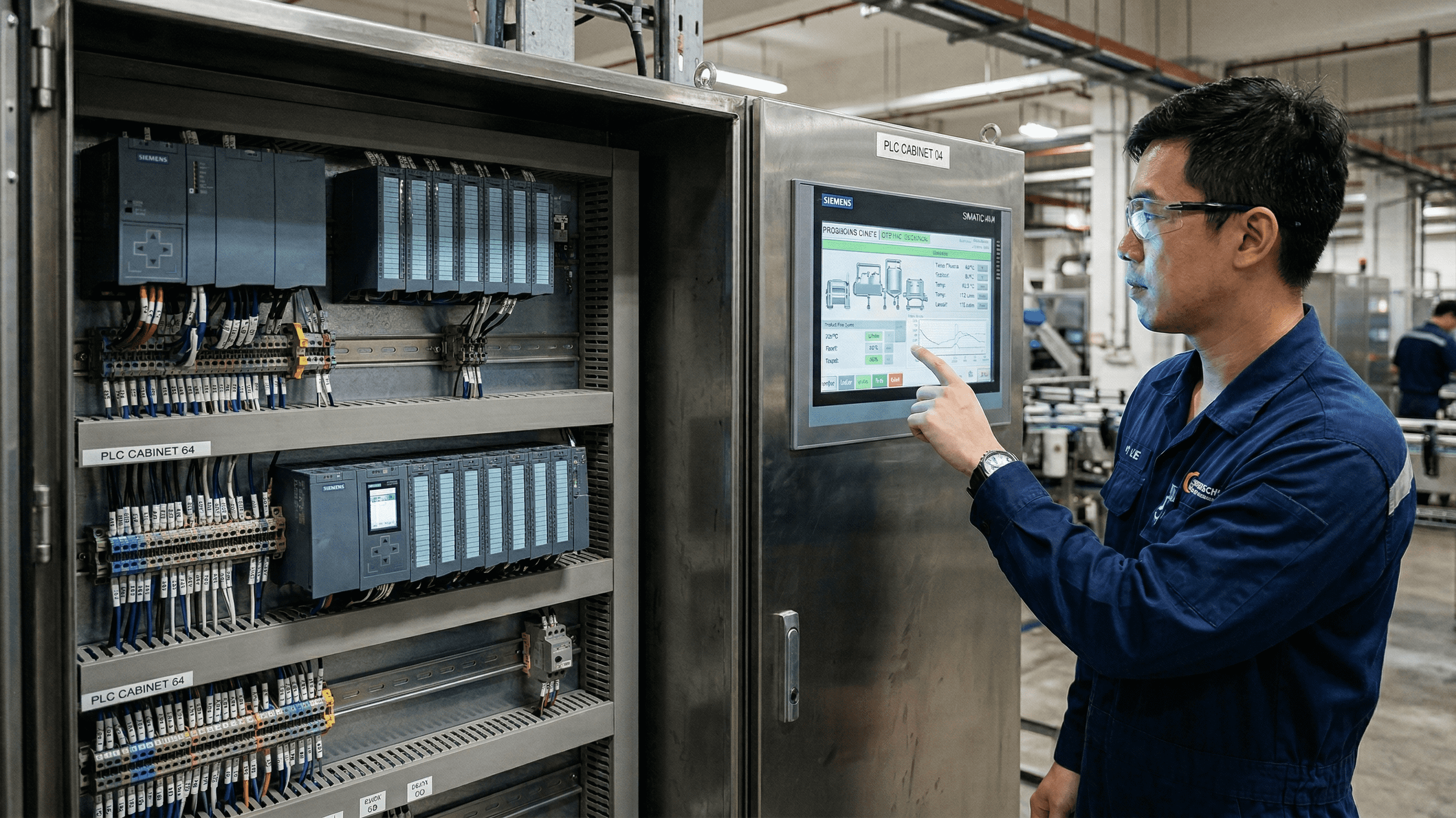 Industrial automation engineer operating PLC HMI control cabinet