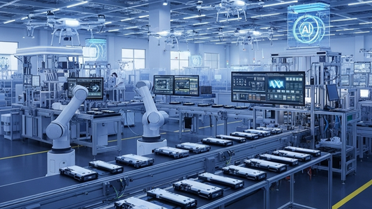 The future of industrial automation showing IIoT data streams, AI analytics, and robotic arms