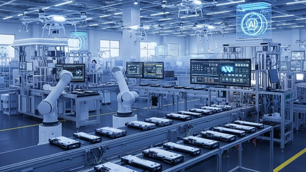 The future of industrial automation showing IIoT data streams, AI analytics, and robotic arms