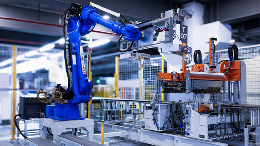 Industrial blue ABB robot arm in a factory setting representing VFD and motor control for automated manufacturing.