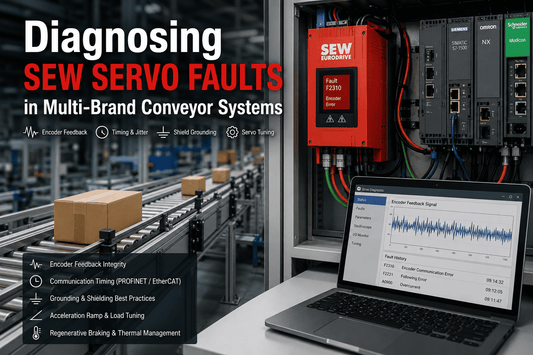 Industrial conveyor system with a control cabinet showing a red SEW Eurodrive servo drive displaying an encoder error (Fault F2310)