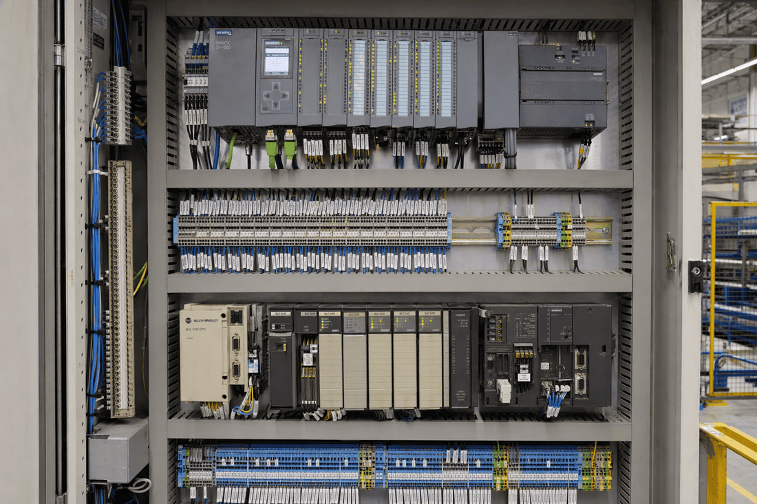 Open mixed-generation industrial control cabinet with modern power hardware and legacy PLCs for industrial system retrofitting