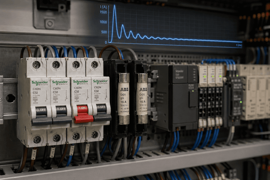 Here is concise, optimized alt text for the featured image:  **Alt Text:** `Schneider C-Curve breakers and ABB high-speed fuses inside an Omron automation panel, illustrating inrush protection.`
