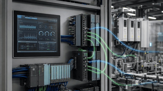 Industrial Siemens-style HMI connected to PLCs and managed PROFINET network in a modern factory control cabinet.