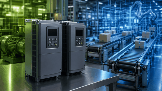 Side-by-side comparison of two industrial Variable Frequency Drives (VFDs) in a modern automated factory, illustrating the balance between energy-efficient conveyor transport and high-precision motion control.