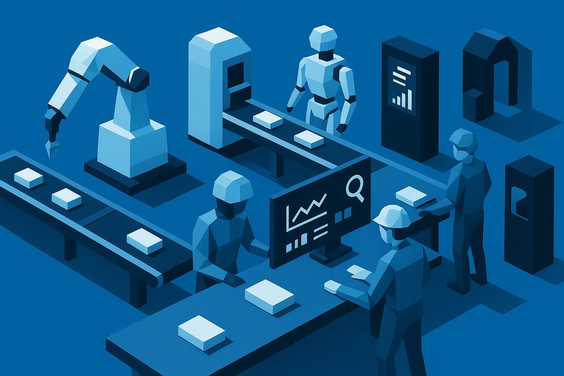 Low-poly 3D illustration of an automated manufacturing line with conveyor belts, robotic arms, and human operators monitoring production, symbolizing industrial automation and drive system integration.