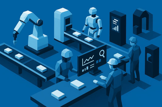 Low-poly 3D illustration of an automated manufacturing line with conveyor belts, robotic arms, and human operators monitoring production, symbolizing industrial automation and drive system integration.