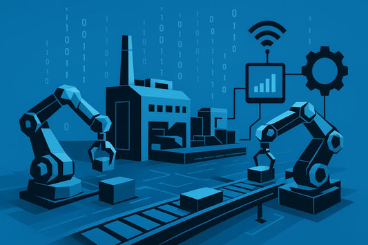 Industrial automation illustration with robotic arms, conveyor belt, and digital diagnostics icons representing IO-Link connectivity.